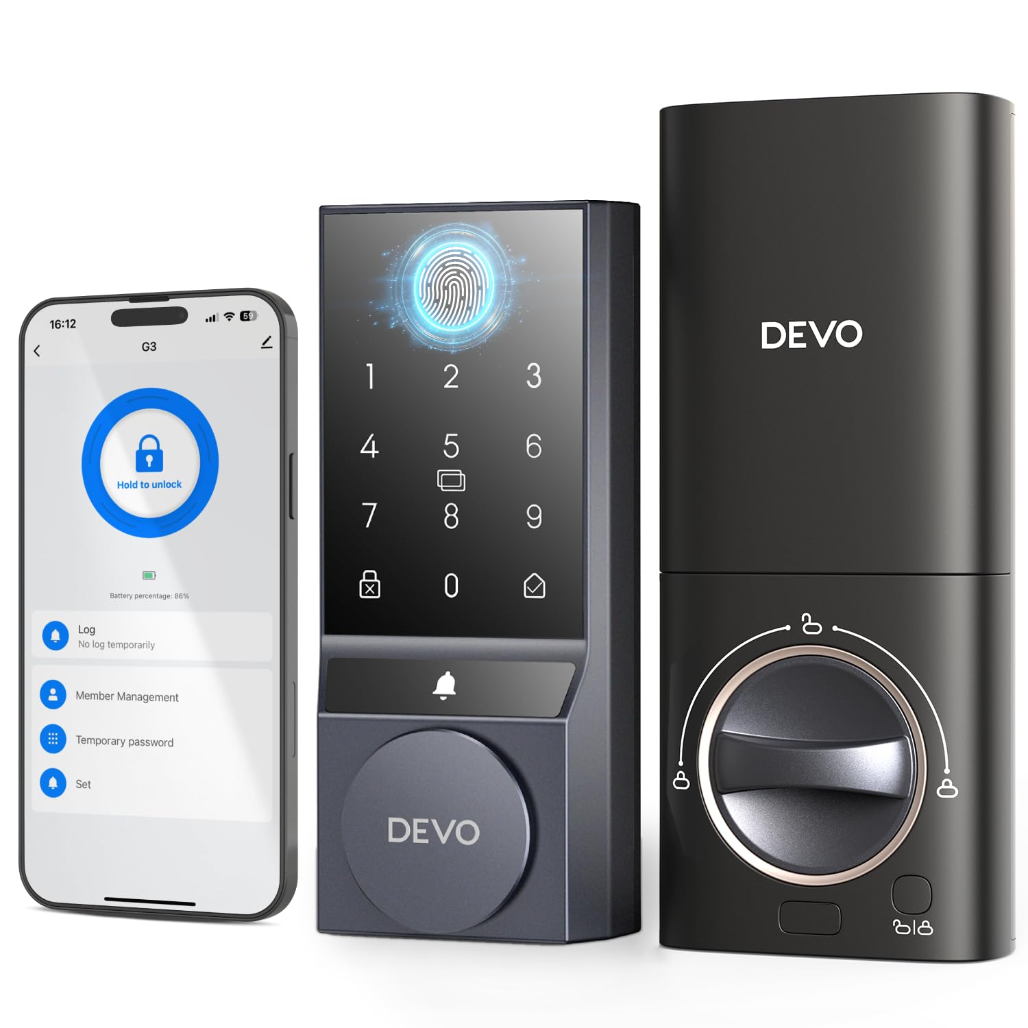 Devo G3 Door Lock For Front Door, 6 In 1 Fingerprint Keyless Entry Door Lock, Built-In Wi-Fi Smart Lock Deadbolt With App Remote Control, Easy Install No Hub, Ip54 Waterproof, Auto-Lock