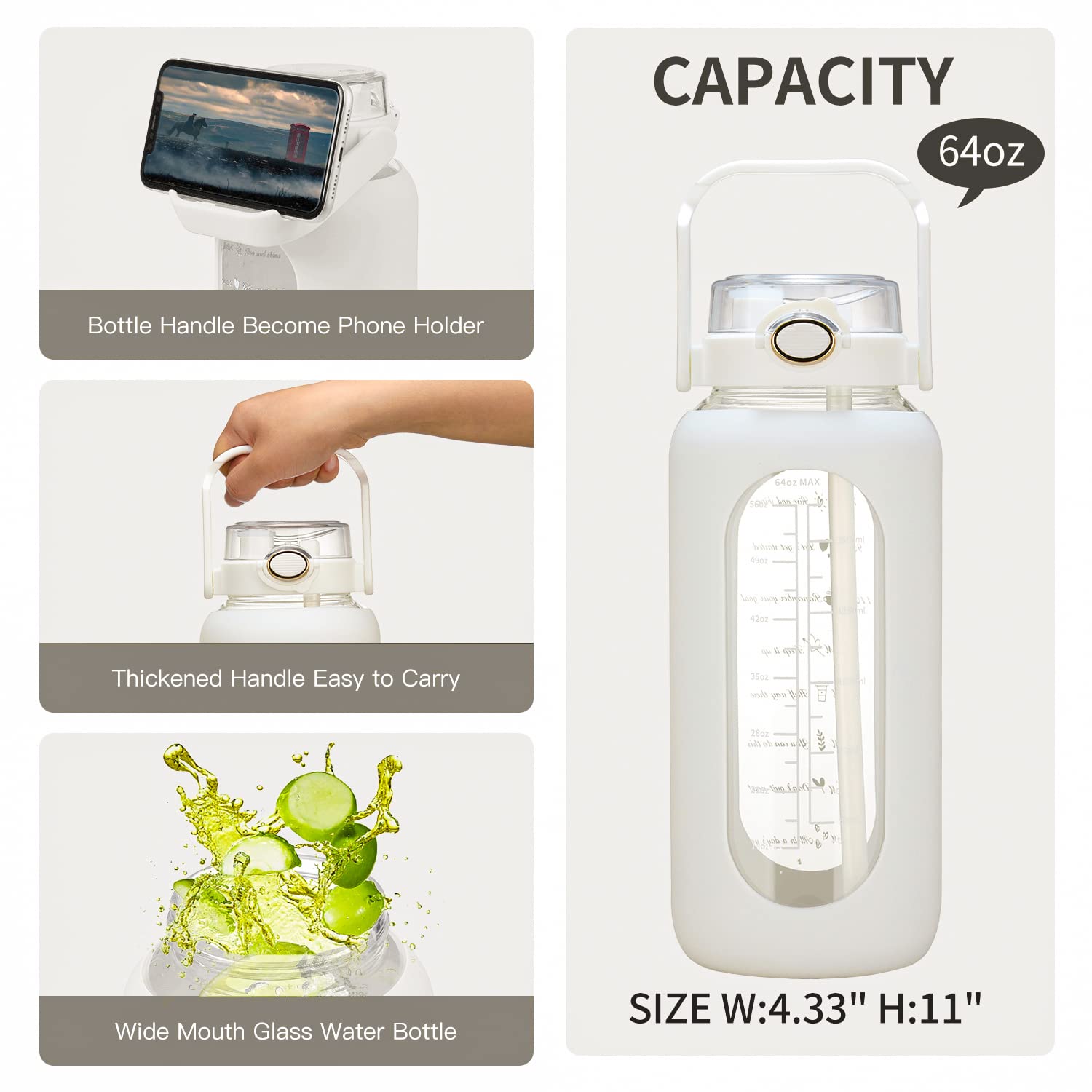 64Oz Glass Water Bolttles With Straw Half Gallon Large Motivational Water Bottle With Time Marker