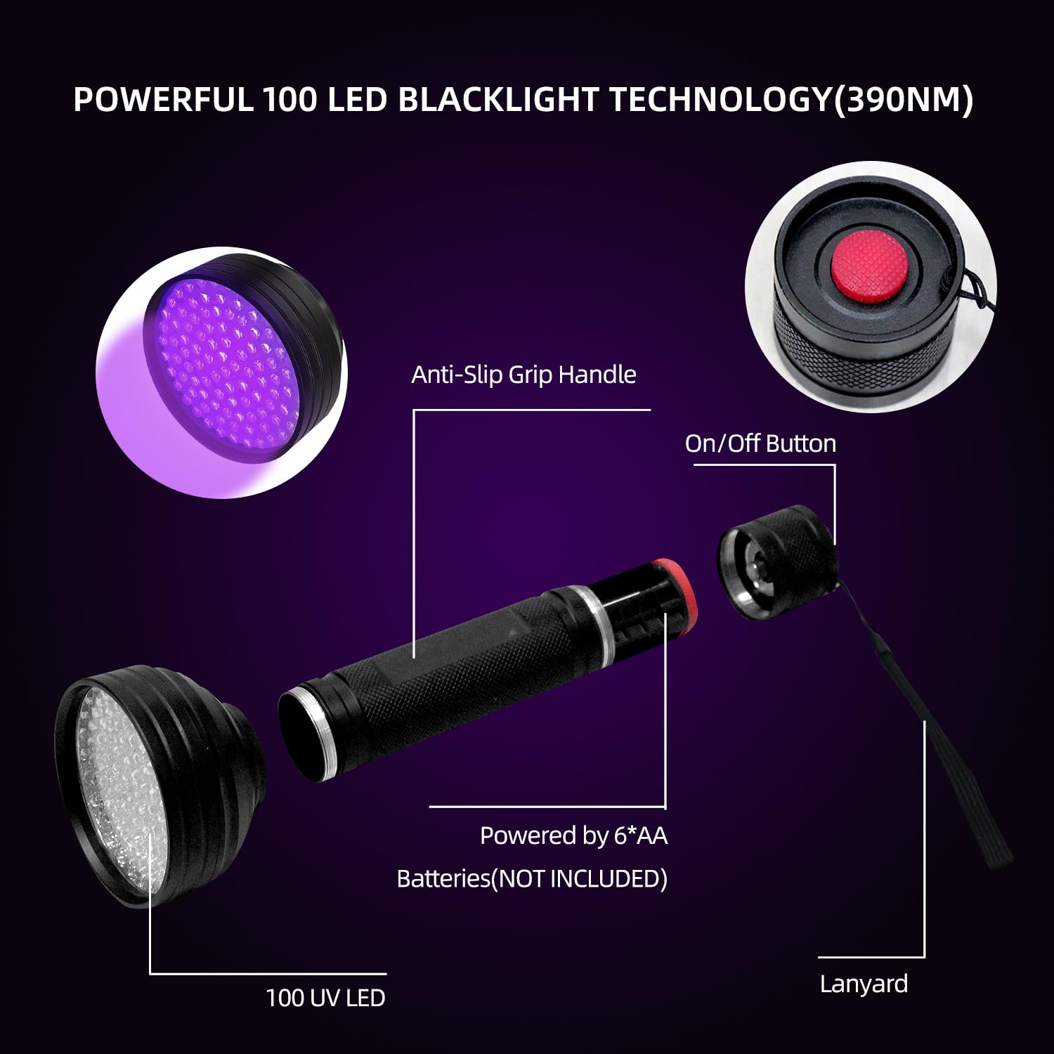 Collgene Uv Flashlight Black Light, 100 Led (390 Nm) Portable Uv Light For Pet Urine Detection, Dry Stains, Bed Bugs