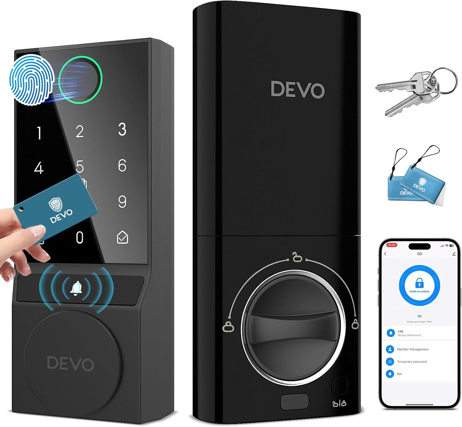 Devo G3 Smart Lock,Fingerprint Door Lock, Wi-Fi Deadbolt Smart Lock,Keyless Entry Door Locks With Doorbell, App Remote, Auto-Locks, Easy Install Front Digital Keypad Deadbolts, Ip54Waterproof(Black)