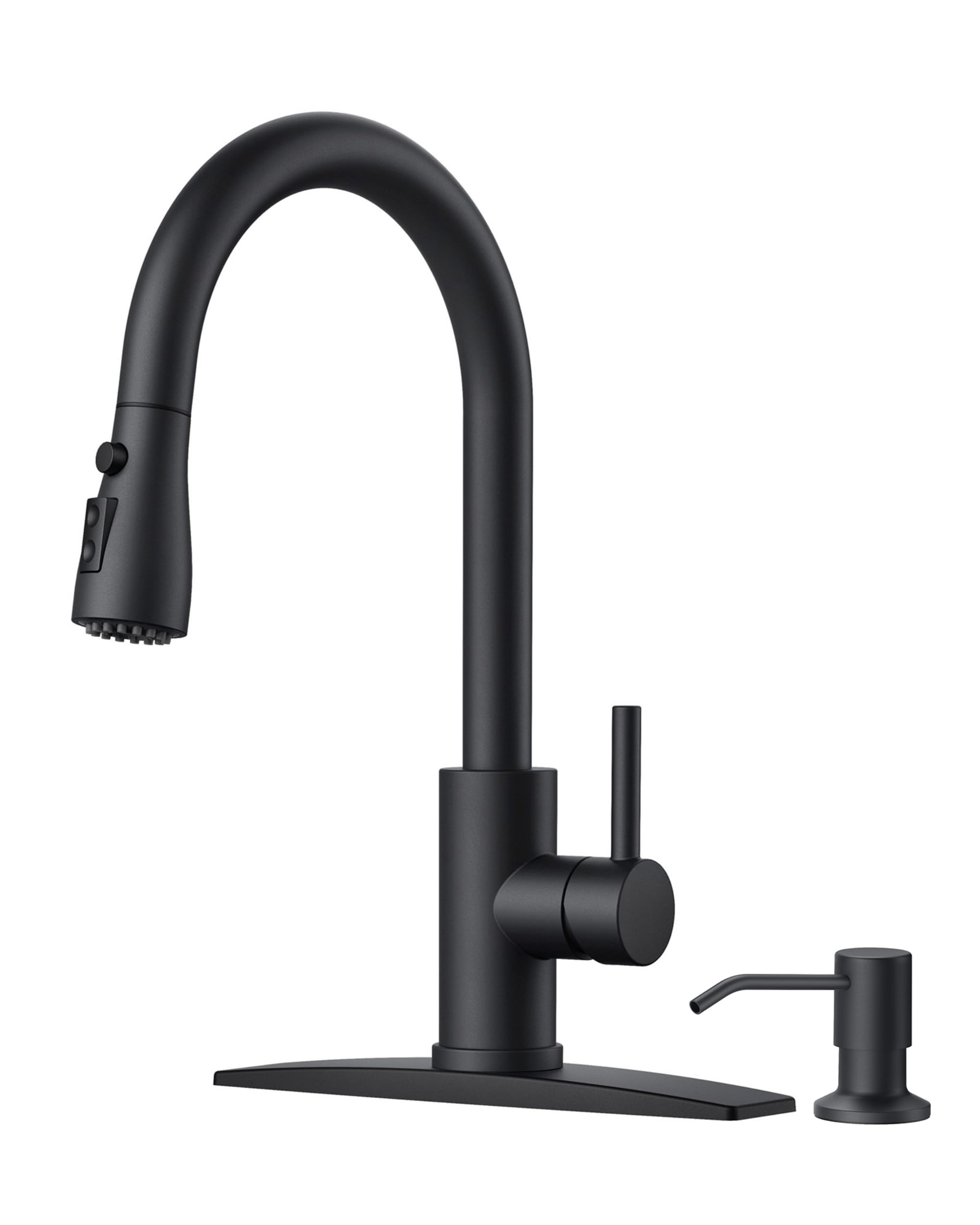 Forious Black Kitchen Faucet With Soap Dispenser And Pull Down Sprayer, High Arc Single Handle Classic 3 Modes Stainless Steel Faucet For Kitchen Sink Farmhouse Rv Bar Laundry Camper