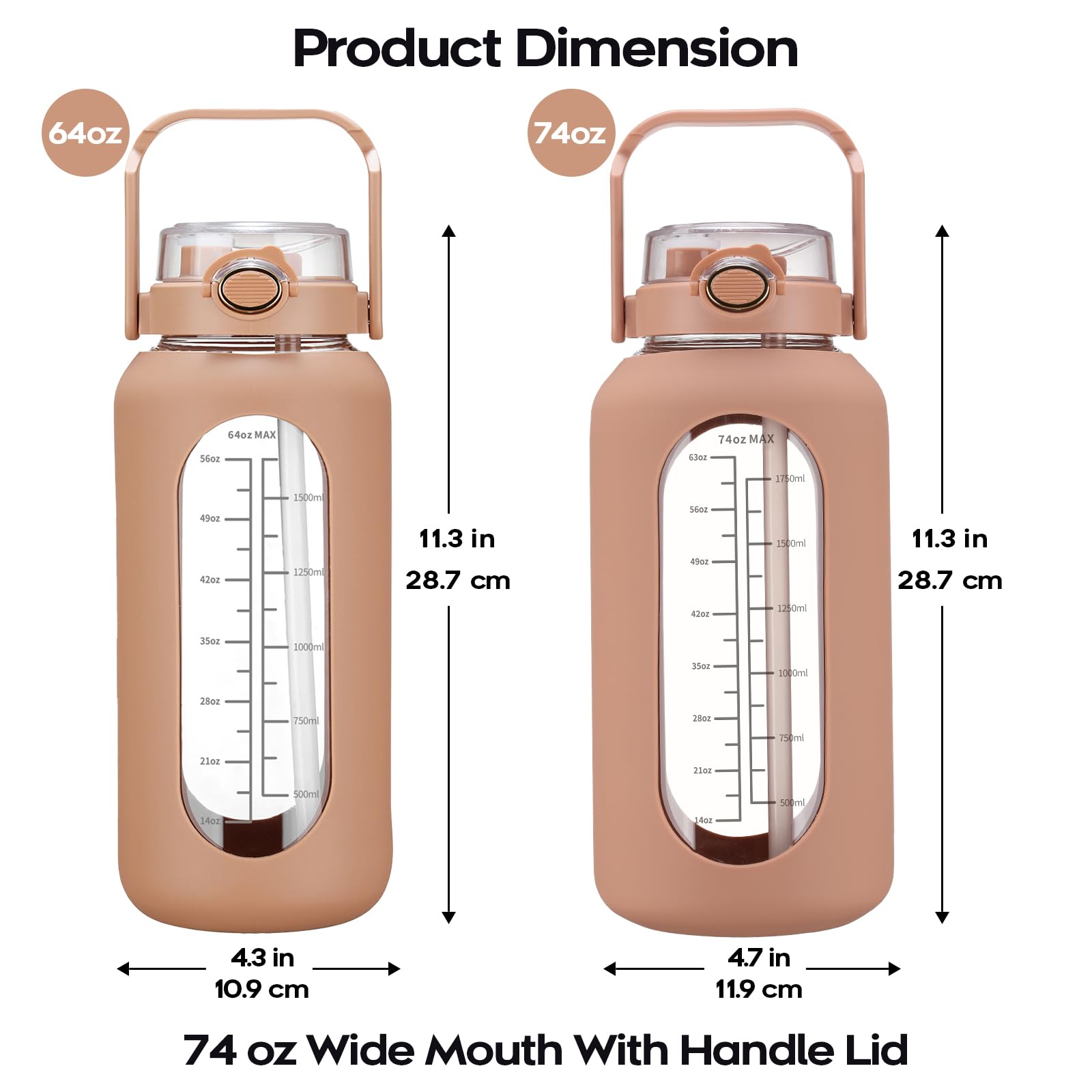 74 Oz Glass Water Bolttles With Straw Large Motivational Water Bottle With Time Marker Sports Water