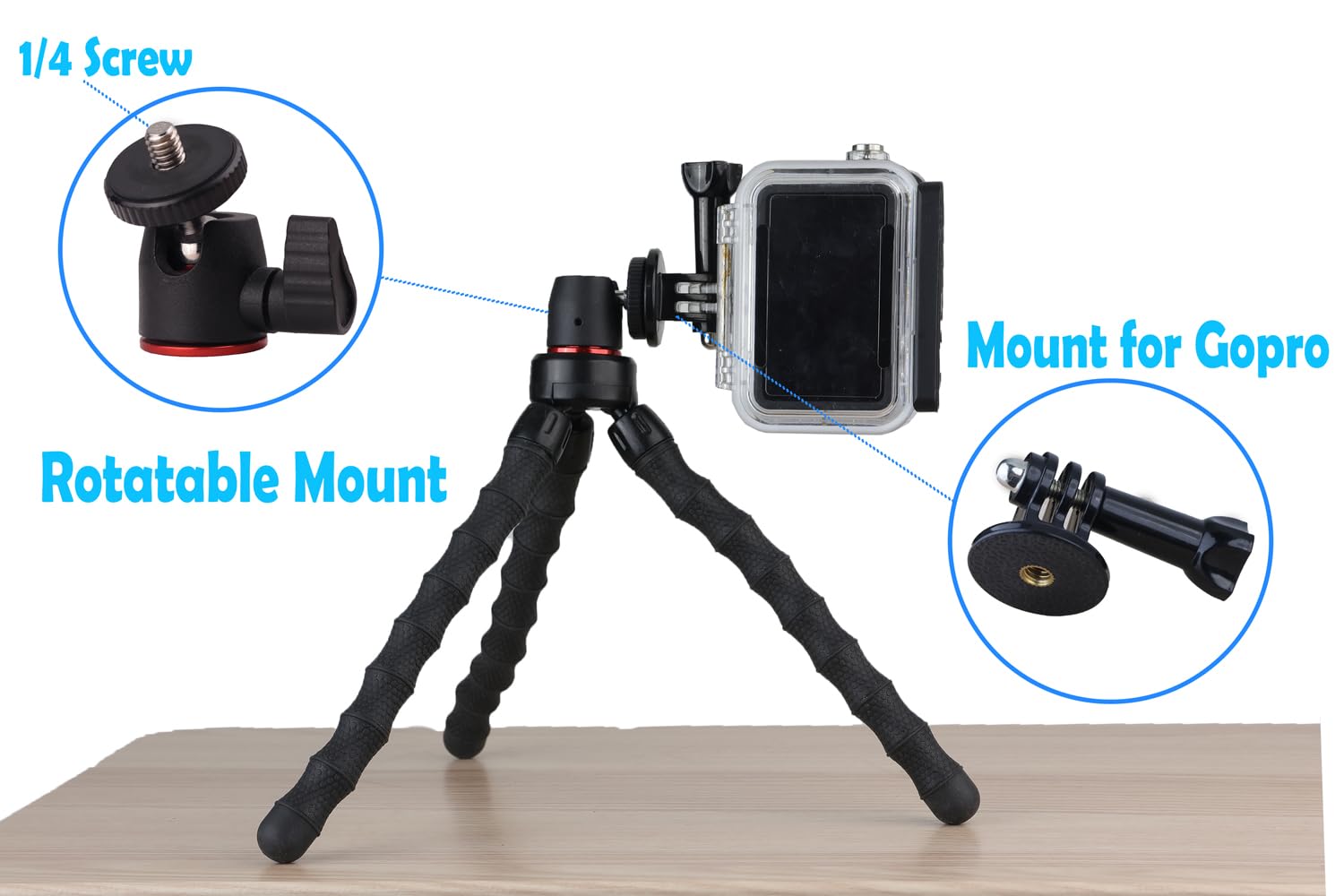 Hocoder Flexible Camera Tripod Compatible With Gopro Hero 13, 12, 11,10, 9 Bendable Tripod 360° Rotation Mount Stand For Vlogging