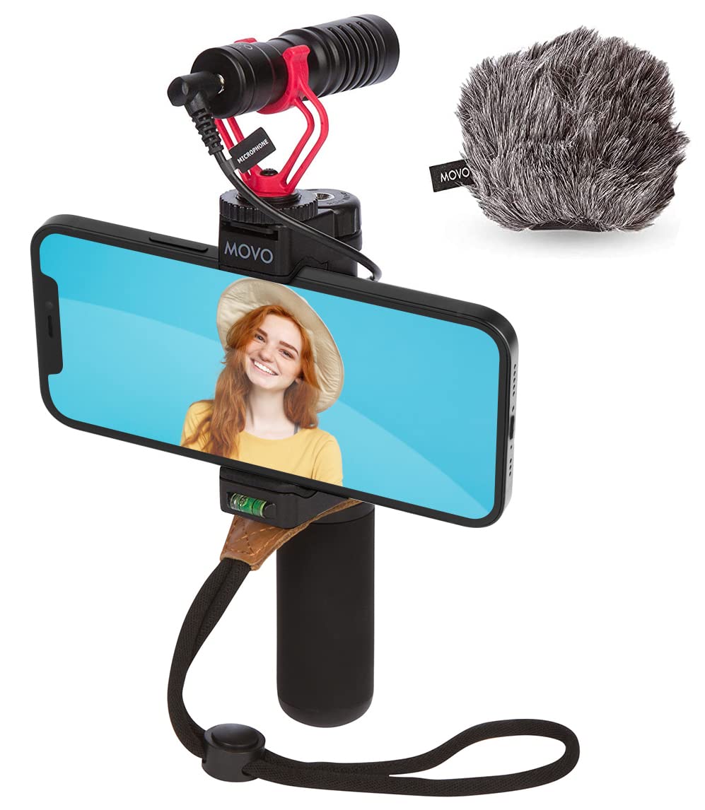 Movo Smartphone Vlogging Kit For Iphone With Shot Microphone, Grip Handle, Wrist Strap For Iphone And Android Smartphones For Tik Tok, Vlog, Youtube Starter Kit And Content Creator Kit