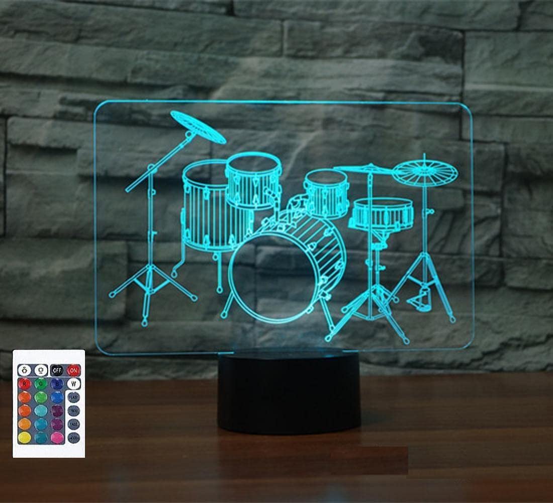 Superiorvznd 3D Drum Kit Night Light Remote Control Power Touch Table Desk Optical Illusion Lamps 16 Color Changing Lights Home Decoration Xmas Birthday