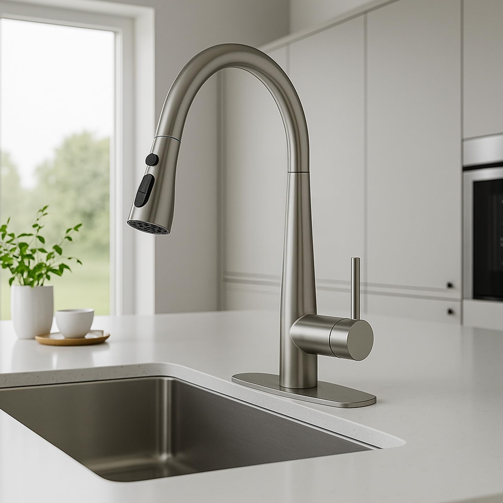 Puretap Brushed Nickel Kitchen Faucet, 18-Inch High Arc Kitchen Faucets With Pull Down Sprayer, Kitchen Sink Faucet, Faucet For Kitchen Sink Spray Head