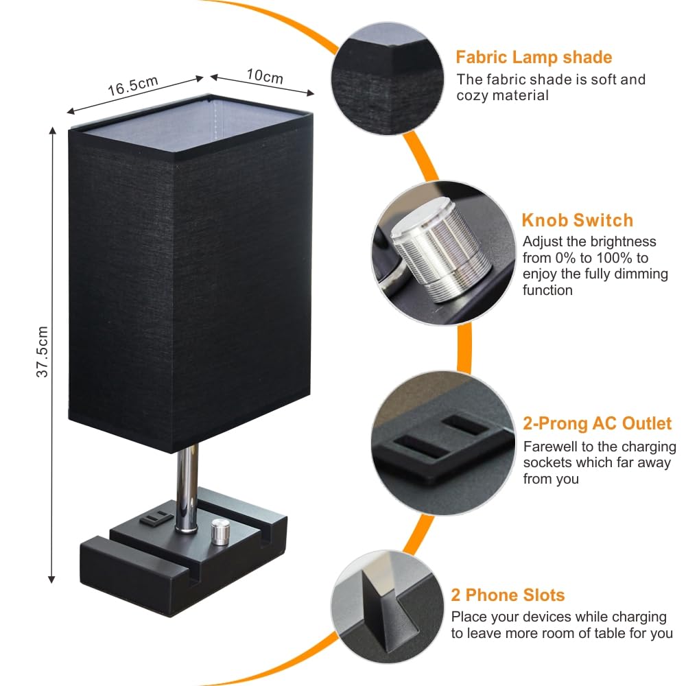 Lifeholder Fully Dimmable Nightstand Lamp For Bedroom With Ac Outlet, Table Lamp With Two Phone Stands, Bedside Lamps, Desk Lamp For Bedroom, Living Room, Led Bulb Included Black