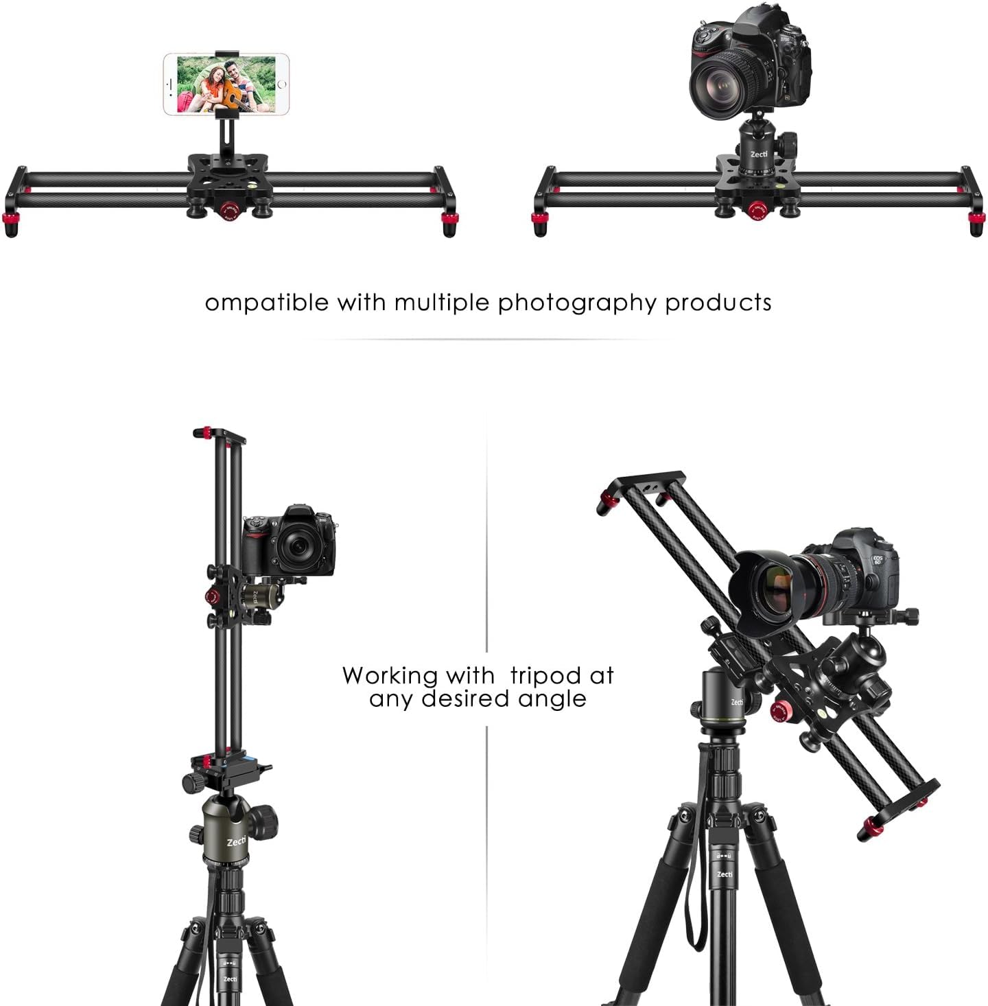 Zecti Camera Slider 16 "/40 Cm Adjustable Carbon Fiber Camera Dolly Track Slider Video Stabilizer Rail For Camera Dslr Video Movie Photography Camcorder Stabili & Phone
