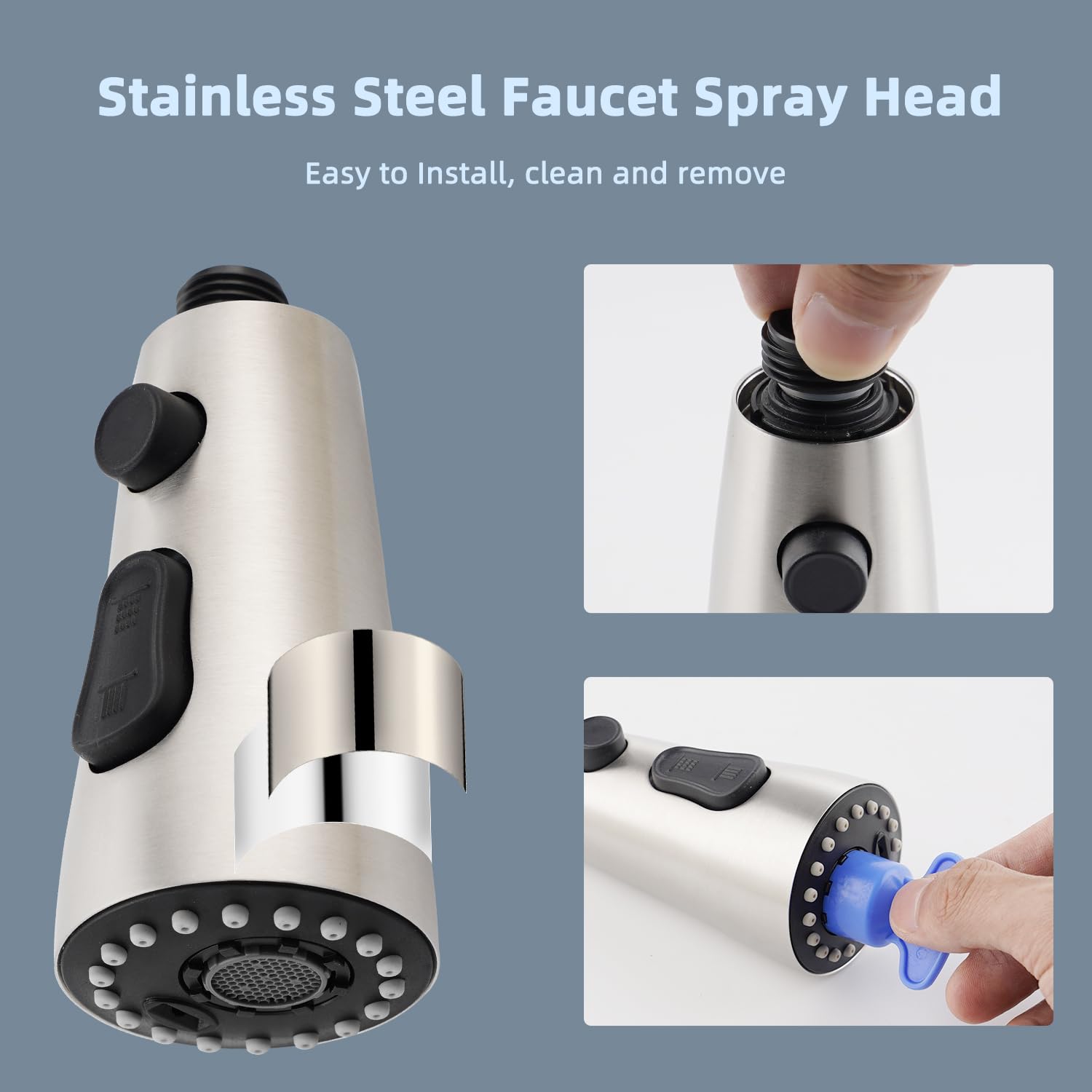 Ifealclear Universal Metal Kitchen Faucet Head Replacement, Pull Down Kitchen Sink Faucet Sprayer Head, Compatible With Moen, Delta, American Standard Faucets,15 Adapters, 3 Modes, Brushed Nickel