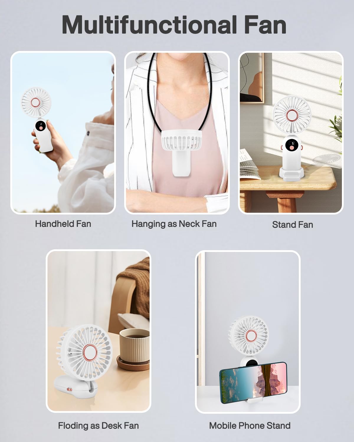 Handheld Fan, White Portable Fan Mini Desk Fan 90 Degrees Foldable 5 Speeds Standing With Base