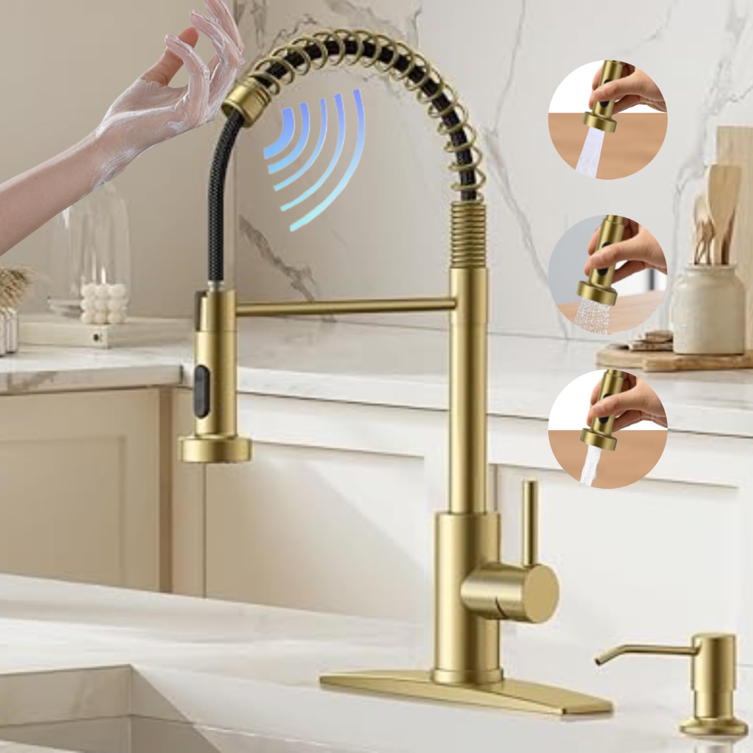 Videc Smart Kitchen Faucet, 3 Modes Pull Down Sprayer, Smart Touch On Sensor Activated, Ceramic Disc Valve, 360-Degree Rotation, 1 Or 3 Hole Deck Plate. 20-Year . (Kw-62J, Brushed Gold)