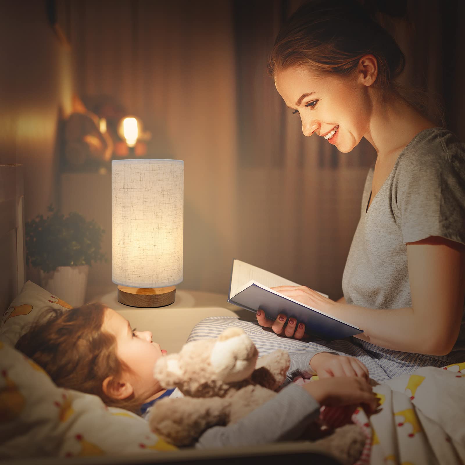 Seensiny Small Bedside Night Table Lamp For Bedroom, Minimalist Nightstand Lamp With Round Fabric Linen Shade, Study Reading Desk Lamp For Kids Room, Living Room, College Dorm, Home, Office