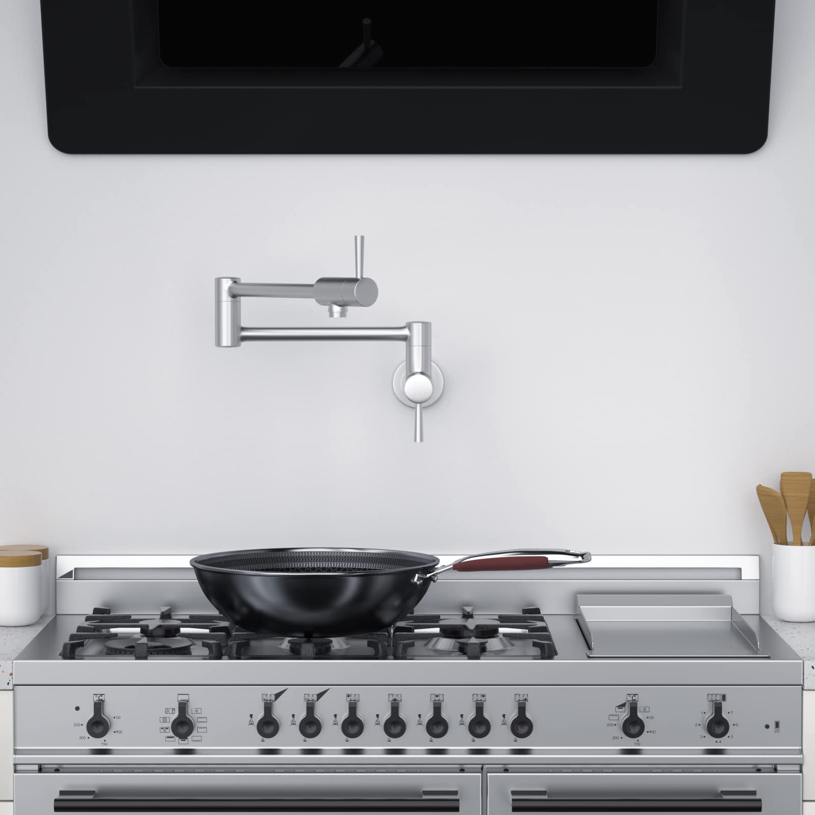 Mstjry Brushed Pot Filler Faucet Wall Mount Commercial Kitchen Faucets Stainless Steel Stretchable Double Joint Swing Arm Single Hole Two Handle Kitchen Stove Faucet