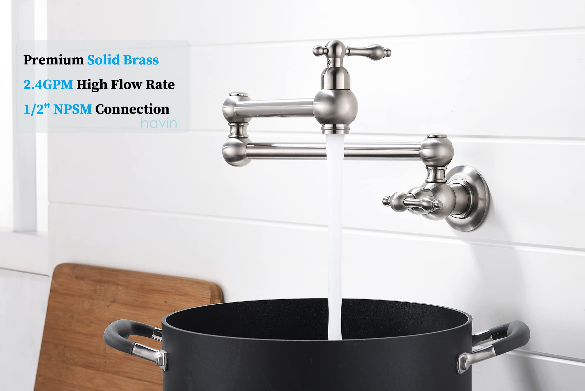 Havin Brass Pot Filler,Wall Mount Commercial,Copper Material Kitchen Folding Faucet,Coffee Machine Faucet With Stretchable Double Joint Swing Arms,Brushed Nickel