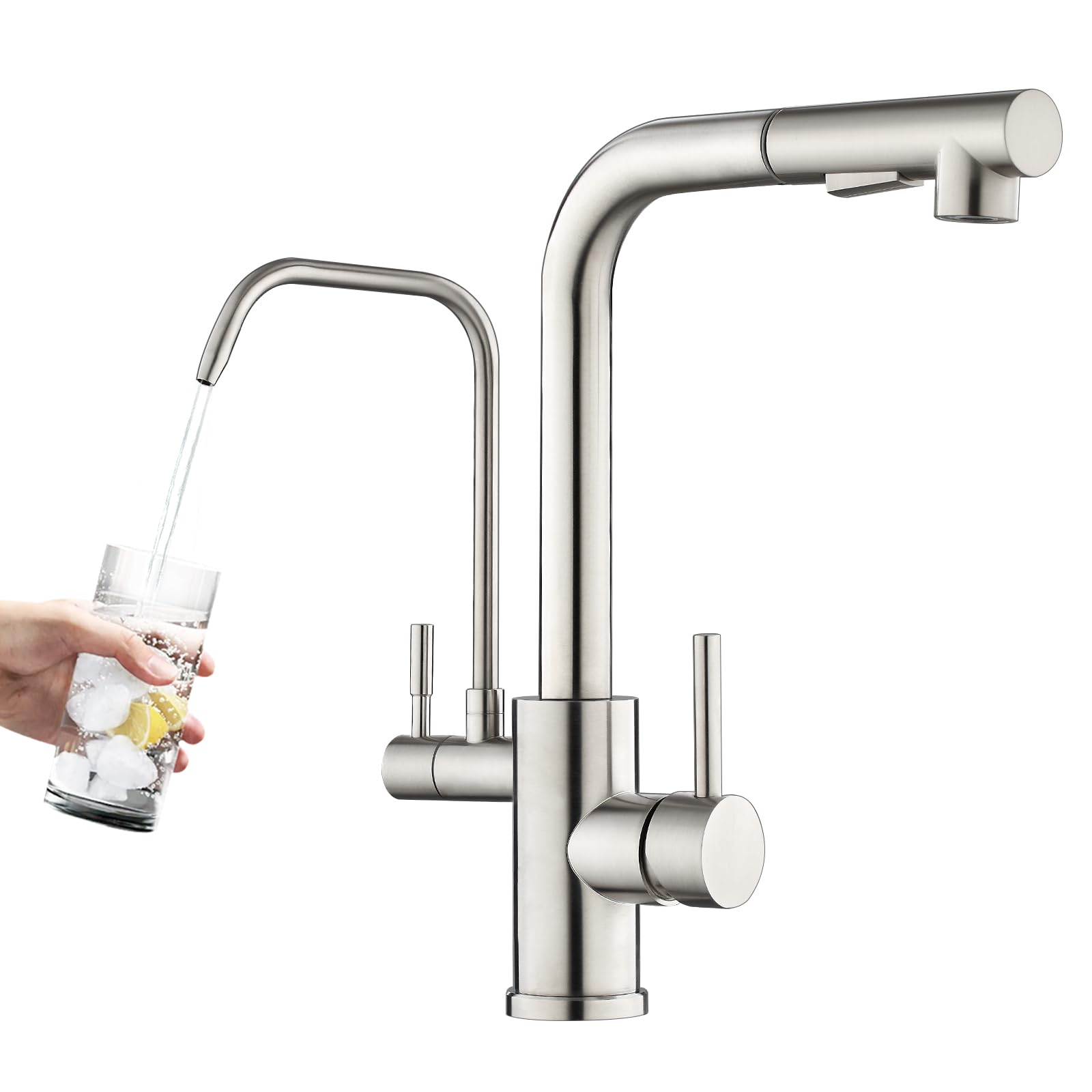 Rovogo Kitchen Sink Faucet With Filtered Drinking Water Spout And Pull Out Sprayer, Dual Handle Single Hole, 304 Stainless Steel, Brushed