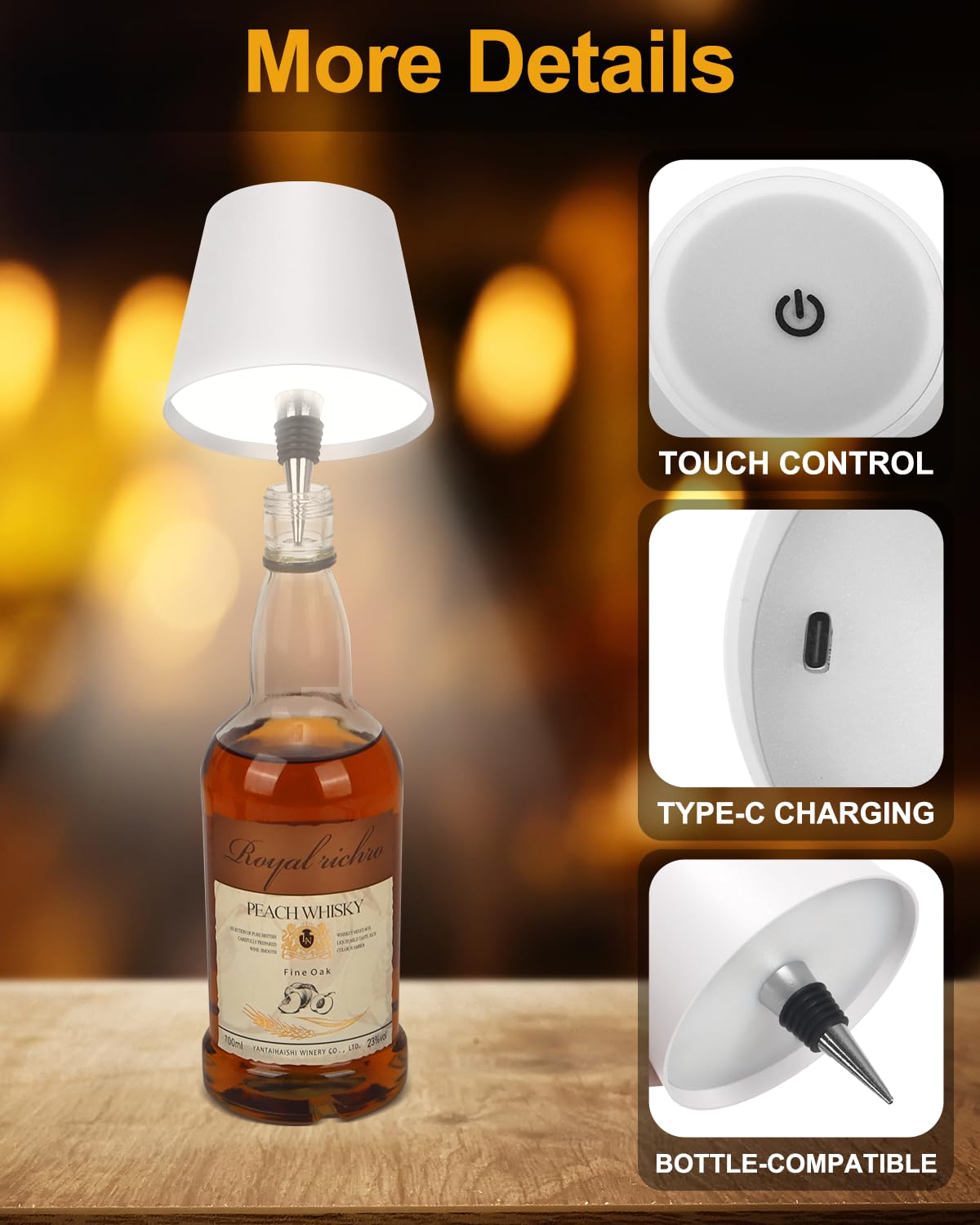 Eogow Wireless Bottle Lamp Set Of 2, Portable Led Wireless Bottle Lamp With 3 Color Dimming, Rechargeable Wine Bottle Light Head, Touch Table Lamp For Bedroom Bar Restaurant Christmas (Modern White)