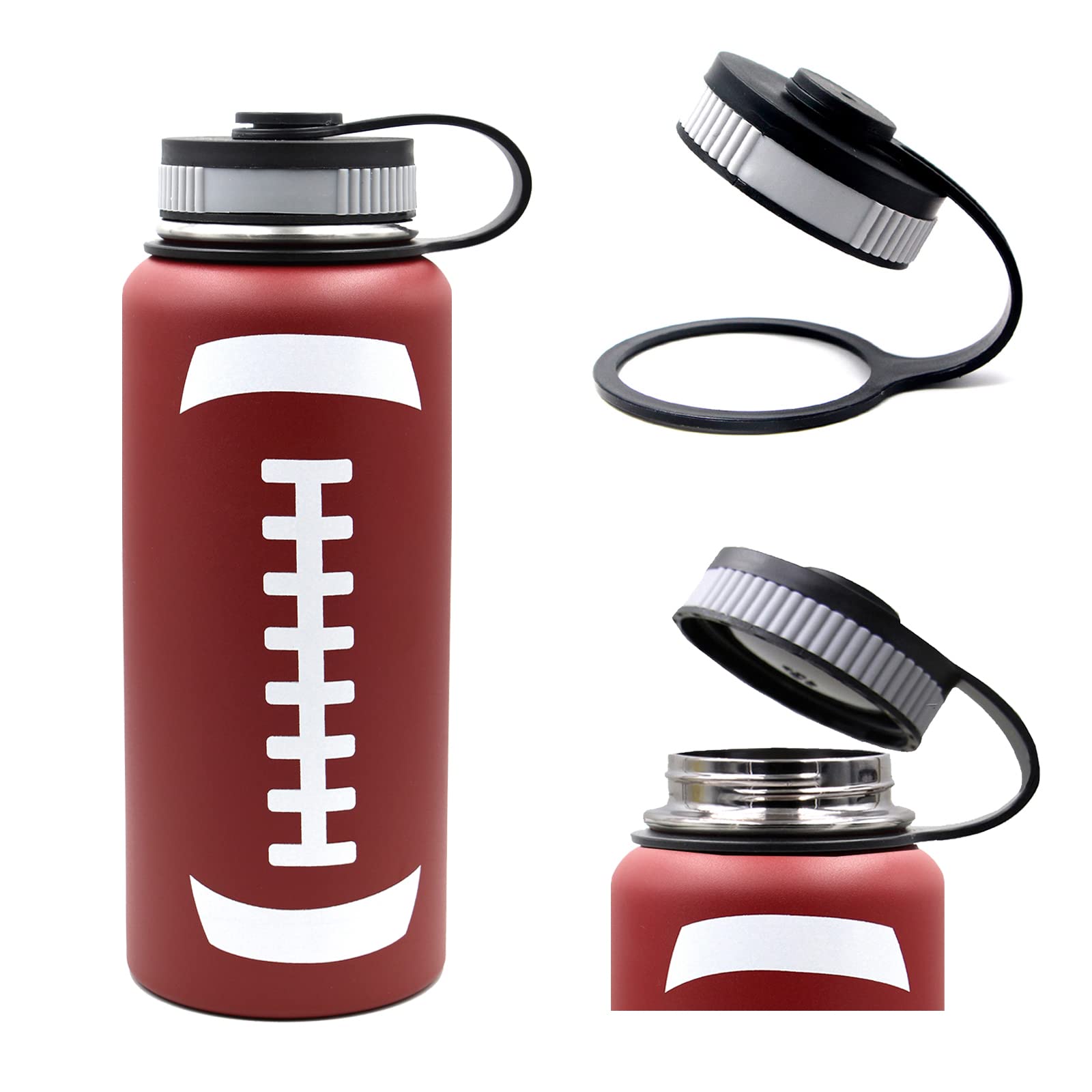Football Water Bottle, Wide Mouth Metal Thermo Flask With 2 Lids, Stainless Steel Travel Tumbler