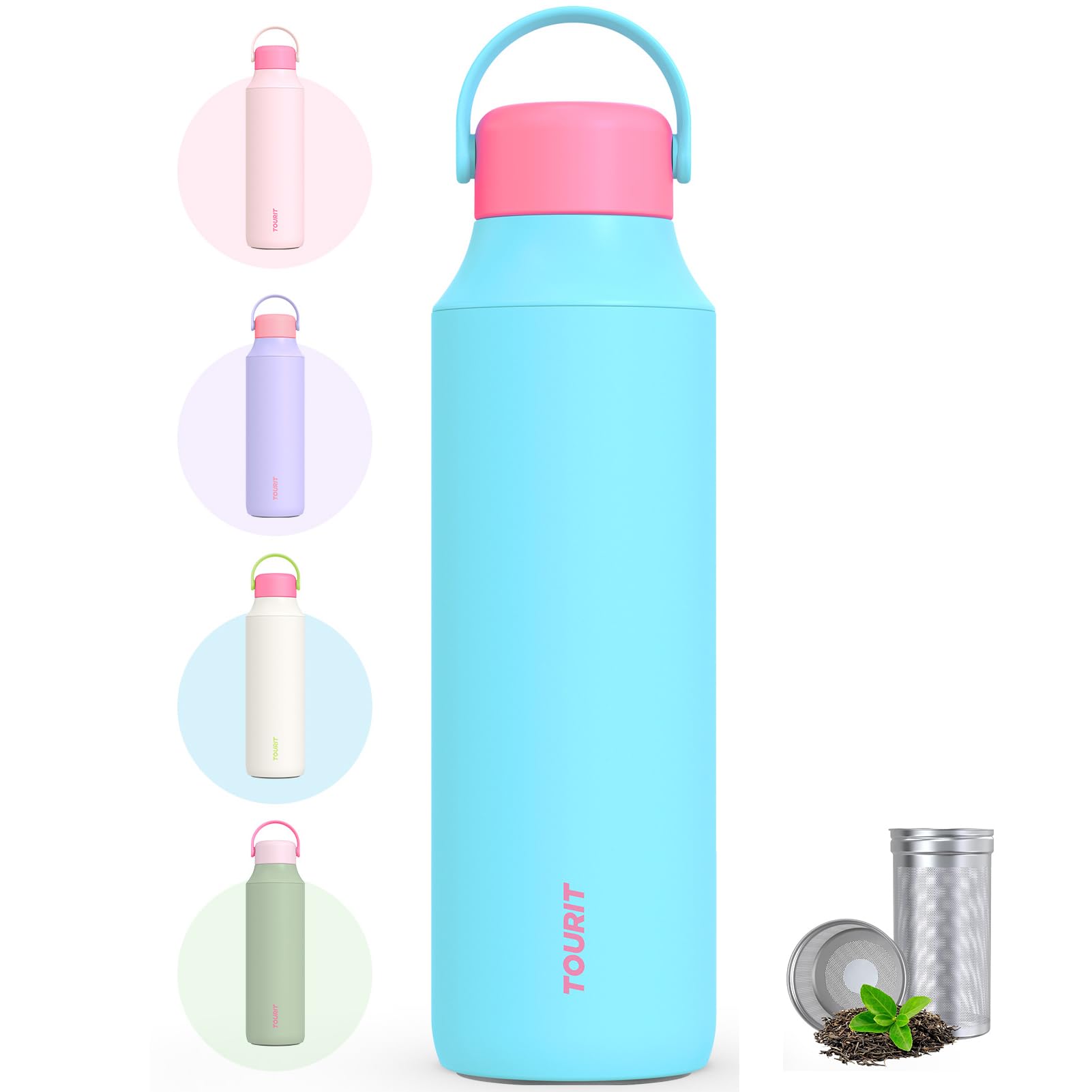 Tourit 20 Oz Insulated Water Bottle, Stainless Steel Water Bottles With Ice Strainer, Double-Wall
