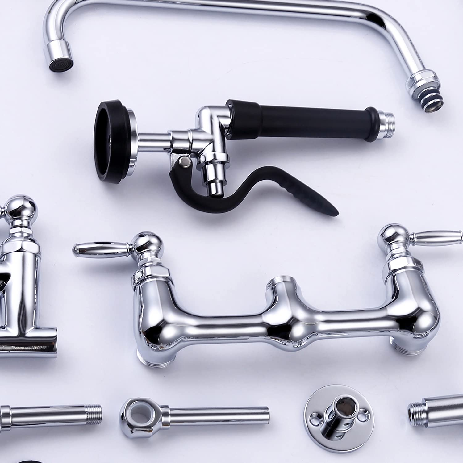 Palukia Commercial Sink Faucet With Sprayer - Wall Mount, Pre-Rinse Sprayer, 21" Height Commercial Kitchen Faucet, 8 Inch Center, 9" Spout, 20" Hose Pull Down Spray For Restaurant, Industrial