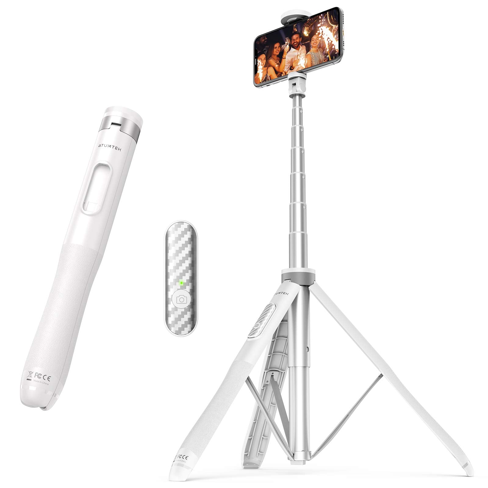 Atumtek 51" Selfie Stick Tripod, All In One Extendable Phone Tripod Stand With Bluetooth Remote 360° Rotation For Iphone And Android Phone Selfies, Video Recording, Vlogging, Live Streaming, White