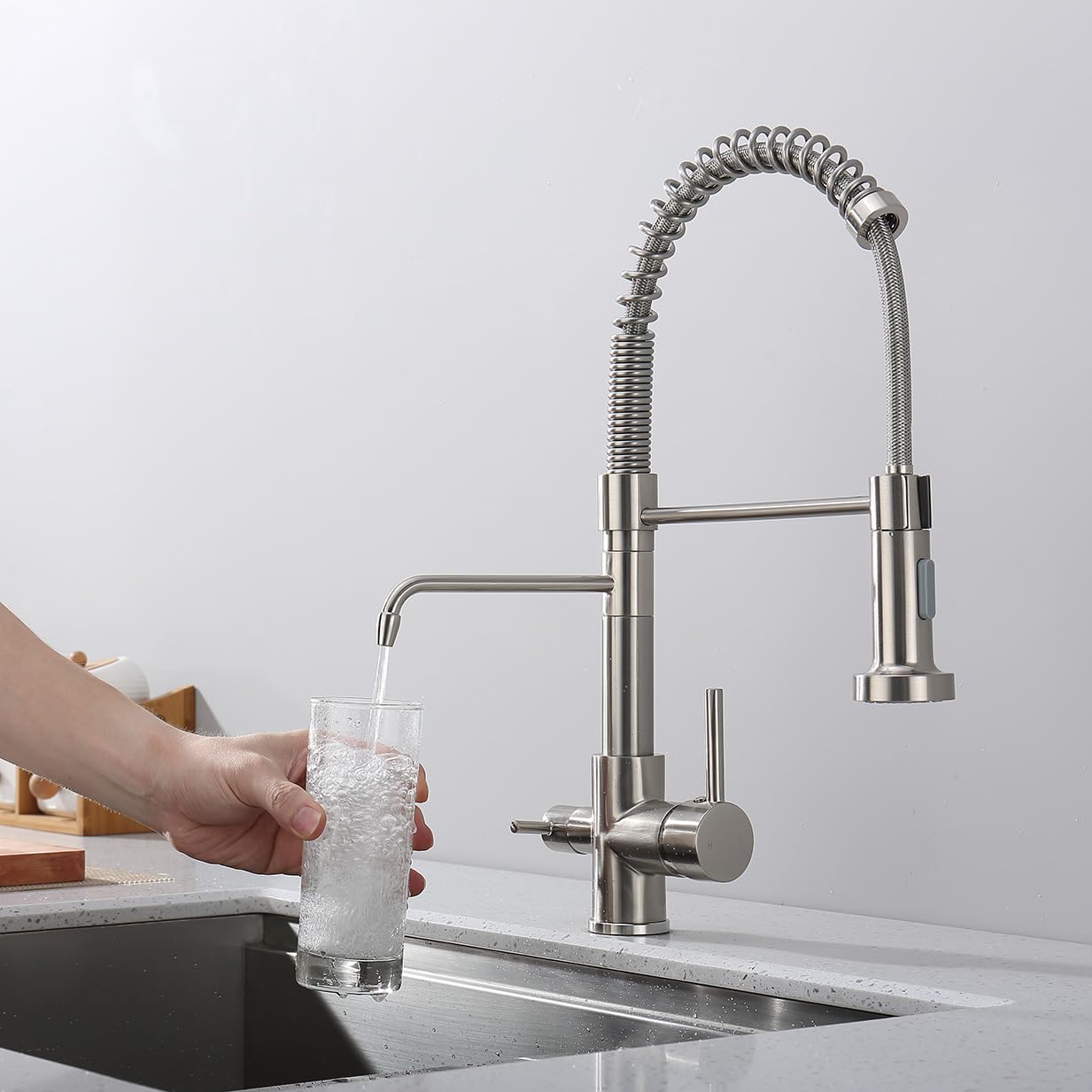 Fonveth 3 Way Kitchen Faucet, Drinking Water Faucet, Filter Kitchen Faucet For Water Filtration System, 3 In 1 Commercial Style Pull-Down 2 Handles, Brushed Nickel