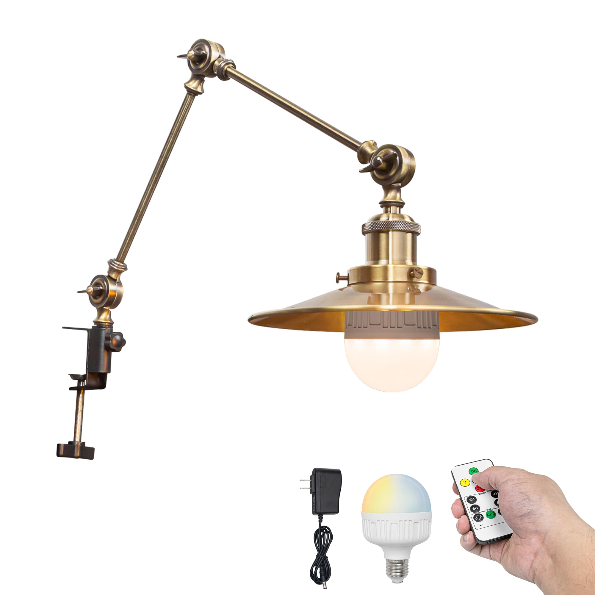 Kiven Battery Operated Clip-On Desk Lamp, 1-Light Dimmable Nightstand Lamp With Flexible Arm,Remote Control, Modern Decorative Clamp Lamp For Office Bedside Bookshelf Cabinet,Bronze