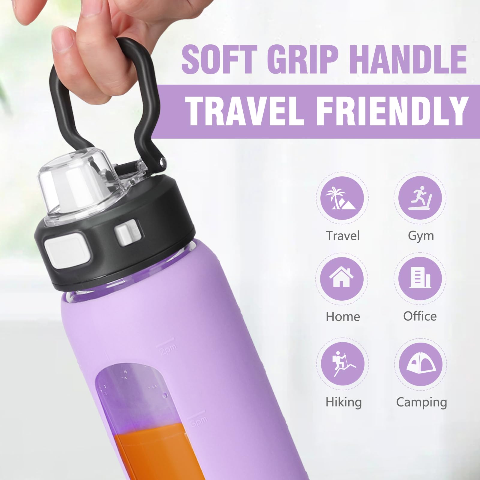 Bluego 24Oz Glass Water Bottle, Motivational Water Bottle With Time Marker And Straw, Water Bottles