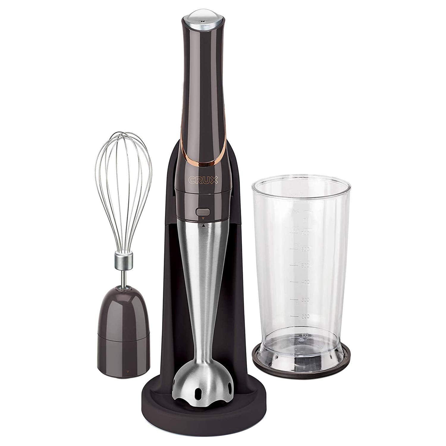 Crux Cordless Hand Immersion Blender, 7.5 Inch Blending Arm, Mix, Whip, Puree Sauces/Soups, Rechargeable, Easy To Clean, Dishwasher Safe Removeable Parts, Stainless Steel/Black, 14790