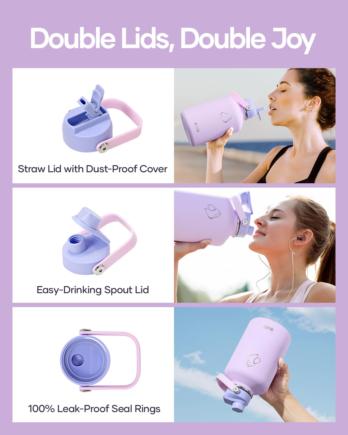 64Oz Insulated Water Bottle, Buzio Half Gallon Water Jug Stainless Steel With Straw Lid And Carryin