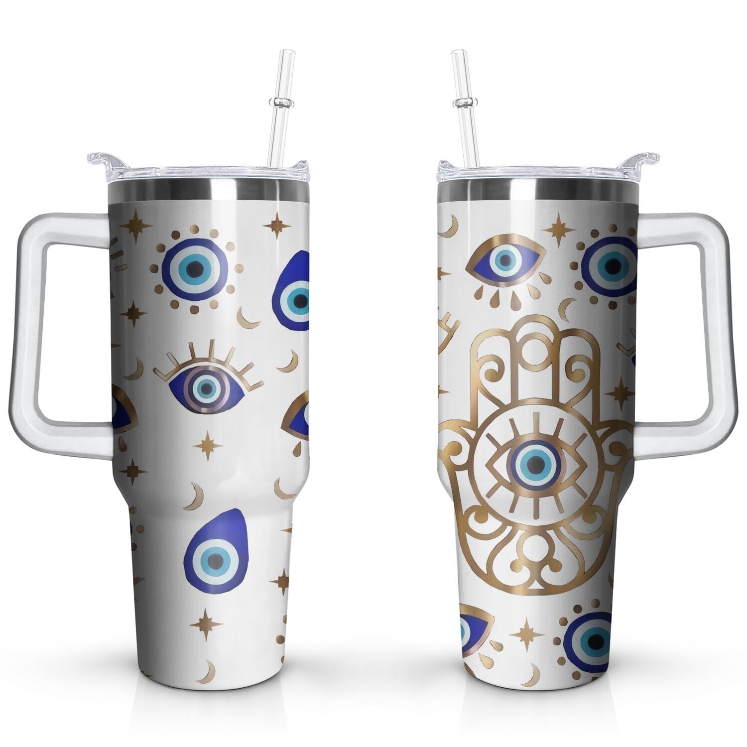 40Oz Evil Eye Tumbler With Handle And Flip Straw, Evil Eyes Hand Stainless Steel Insulated Cup