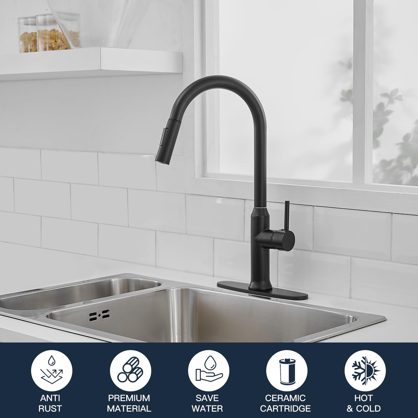 Kroias Matte Black Kitchen Faucet With Pull Down Sprayer, Single Handle Kitchen Sink Faucet 1 Or 3 Hole Commercial Rv Stainless Steel Kitchen Faucet With Deck Plate And Cupc Supply Lines