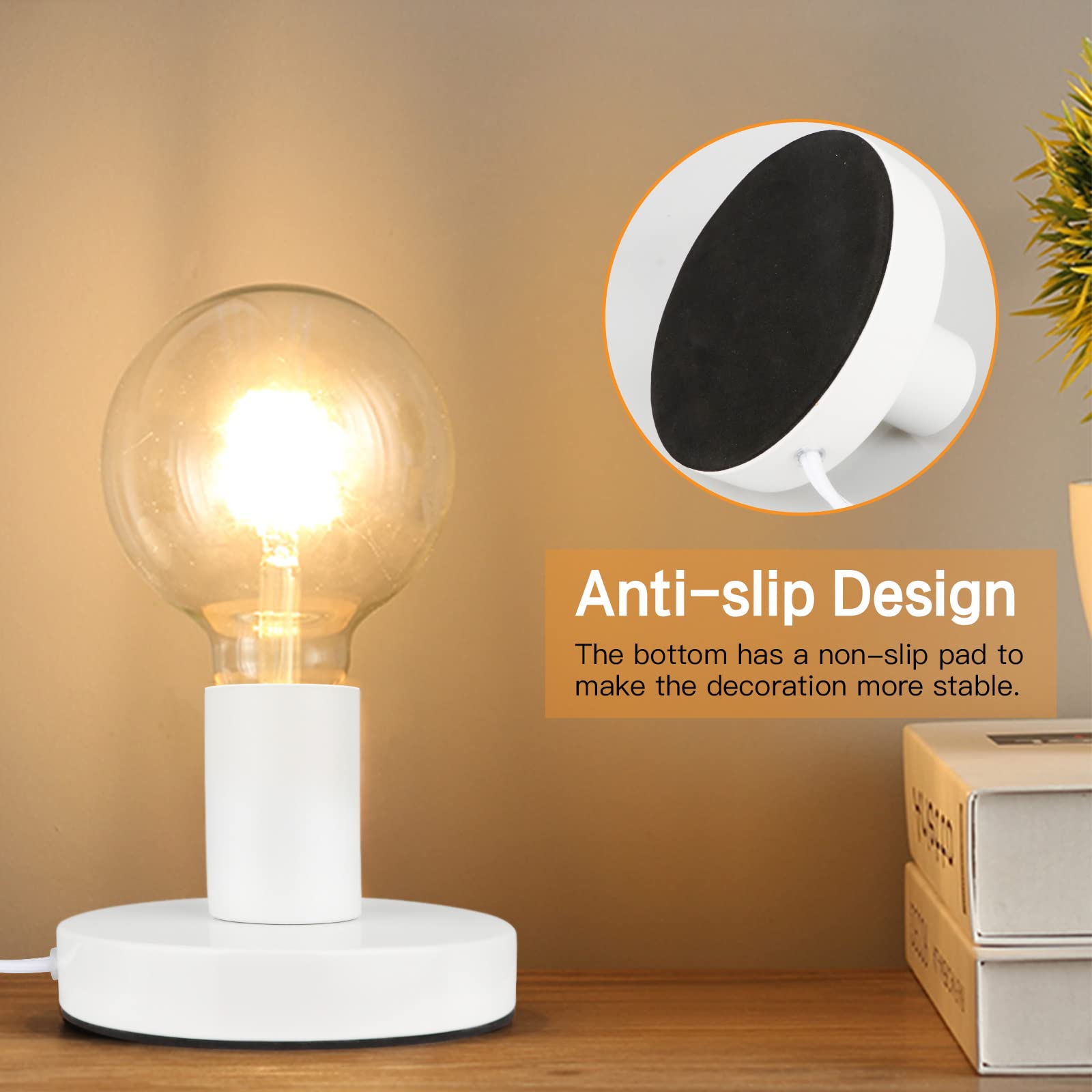 Helunsi Industrial Table Lamp Base - E26/E27 Edison Light Bulb Stand, Exposed Bulb, Simple Metal, 5.8Ft Cord Switch Plug, White