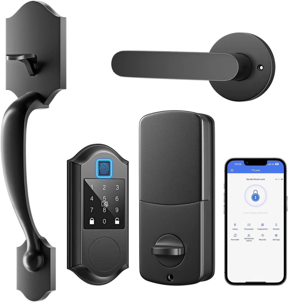 Seveko Fingerprint Smart Front Door Lock Set, Keyless Entry Door Lock With Handle, Smart Locks For Front Door, Keypad Deadbolt With Handle, App Control, Touchscreen Keypad, Auto Locking, Matte Black