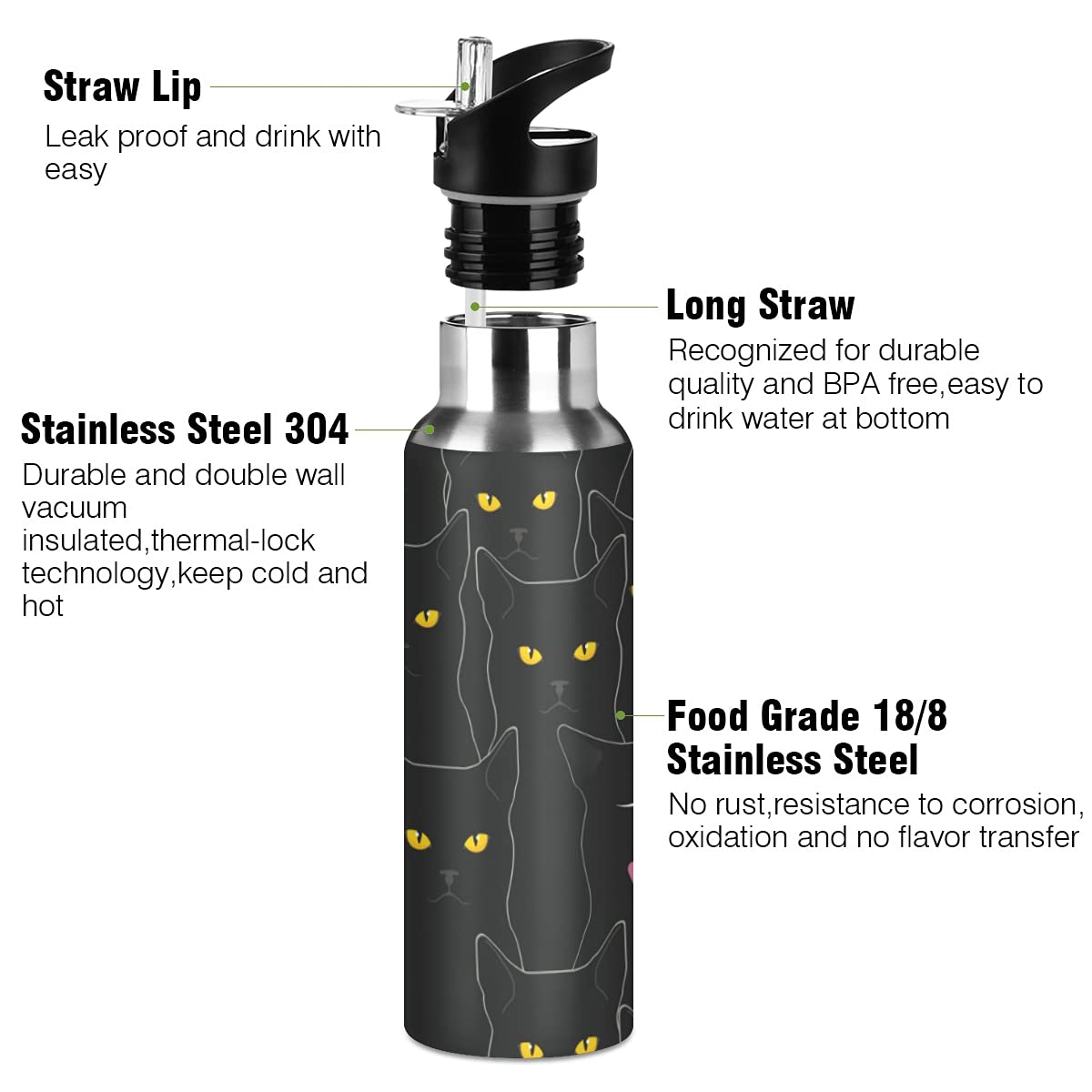 Water Bottle Black Cat Coffee Thermos Stainless Steel Insulated Beverage Container 20 Oz With Straw
