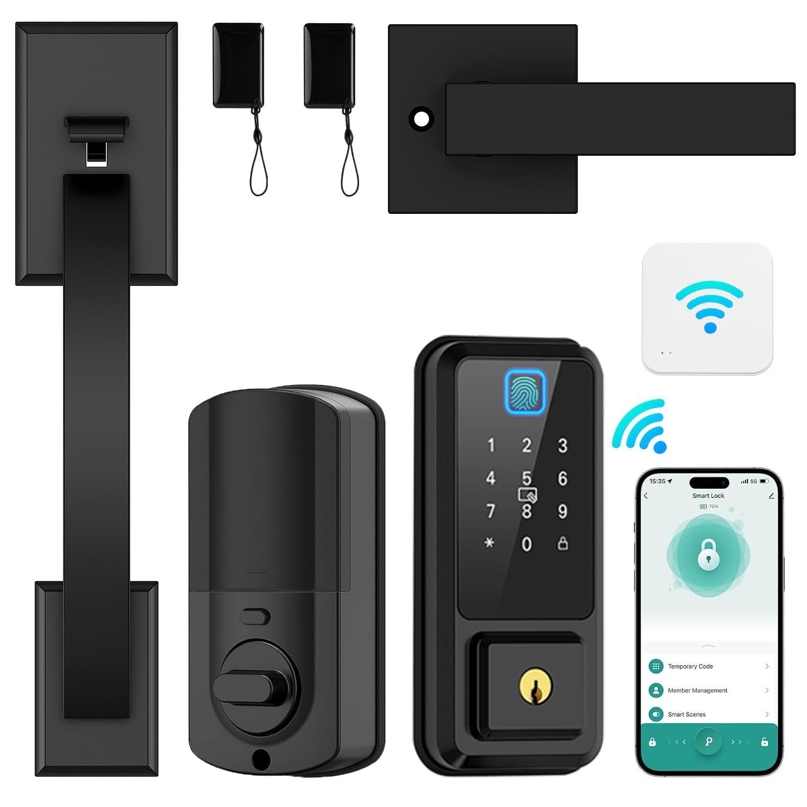 Cinop Front Door Lock Set 5 In 1 - Wifi Remote Control Unlock, Smart Locks For Front Door, Keyless Entry Door Lock Deadbolt With Handle Set, Bluetooth Enabled With Alexa Voice Control (Black)