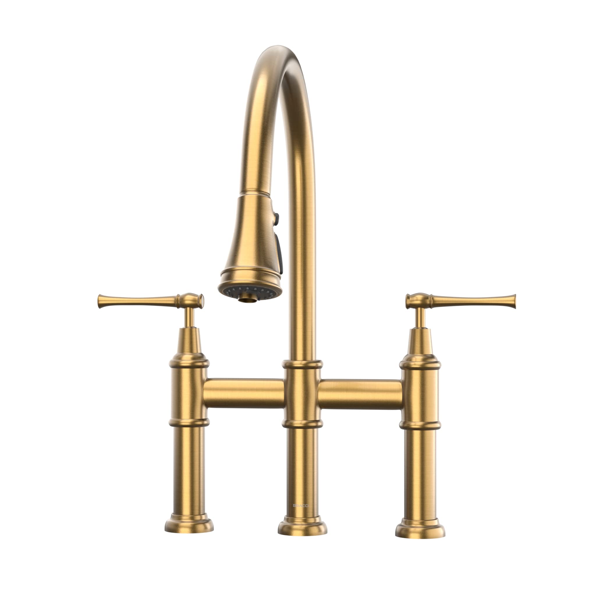 Bracci Bridge Two Handle Pull-Down Bridge Kitchen Faucet In Brushed Gold