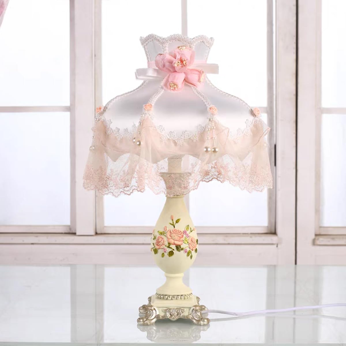 Tfcfl Victorian Lace Fancy Table Lamp, Handmade Fabric Bedside Lamp Light European Style Nightstand Lamp Desk Lamp Antique Painted Resin Base For Bedroom Living Room Office