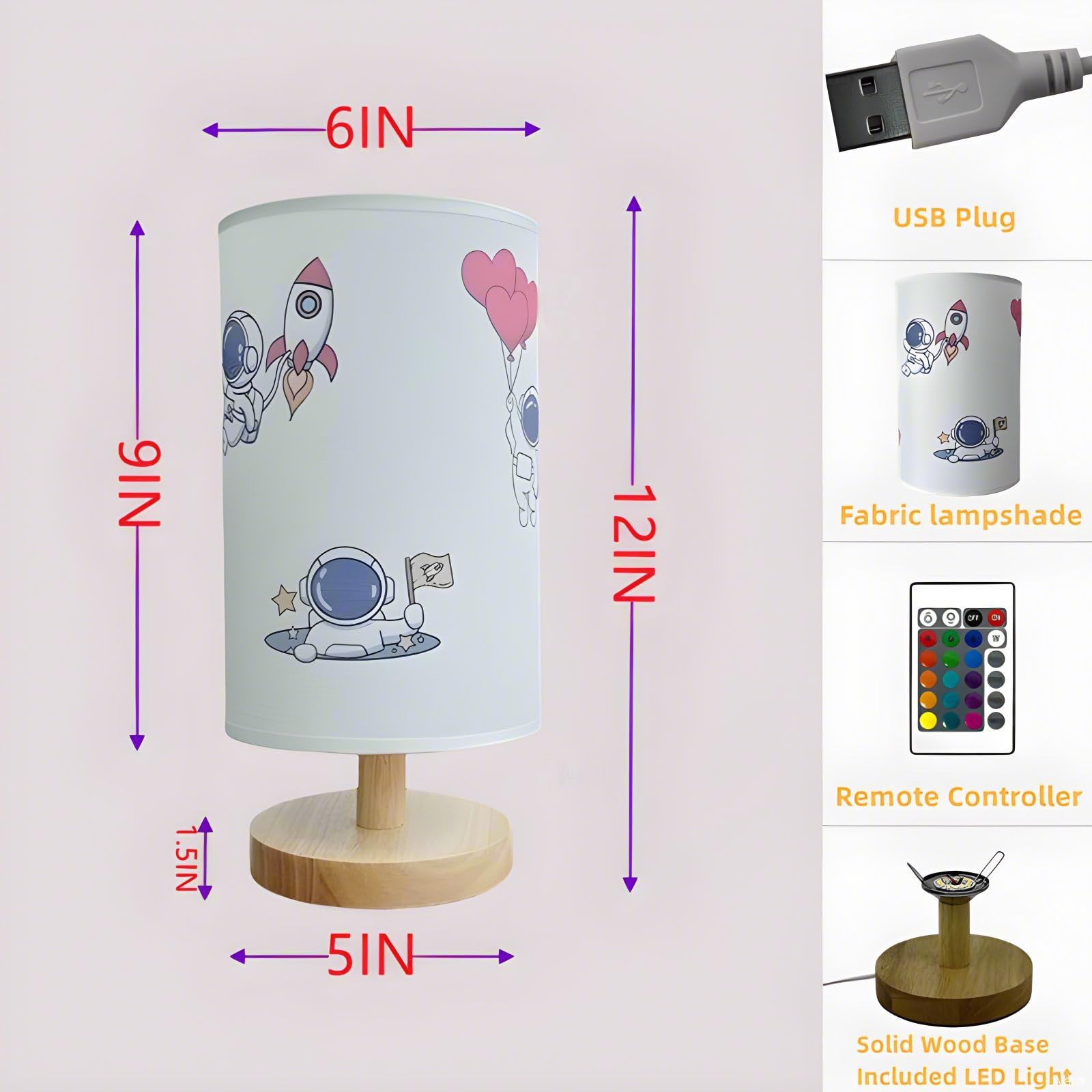 Hakseifa Astronaut Small Table Lamp For Kids Bedroom,16 Colors Dimmable Bedside Lamps With Remote Control, Night Stand Light Lamp With Pressed Astronaut Shade For Kids Room,Dorm,Children'S Room Decor