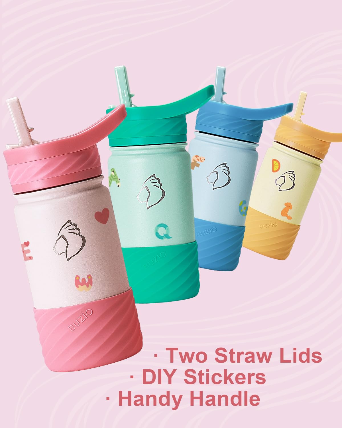 Buzio 14Oz Kids Water Bottle Stainless Steel Insulated Metal Water Bottles With Straw For Toddlers