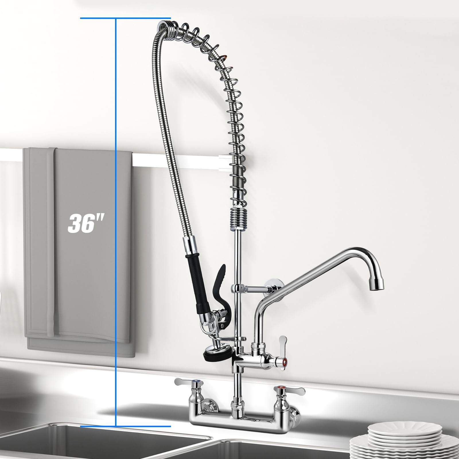 Aplwy Commercial Sink Faucet With Sprayer 36" Height 8" Adjustable Center, Commercial Wall Mount Kitchen Sink Faucet With Pre-Rinse Sprayer And 12" Swing Spout For Restaurant Industrial