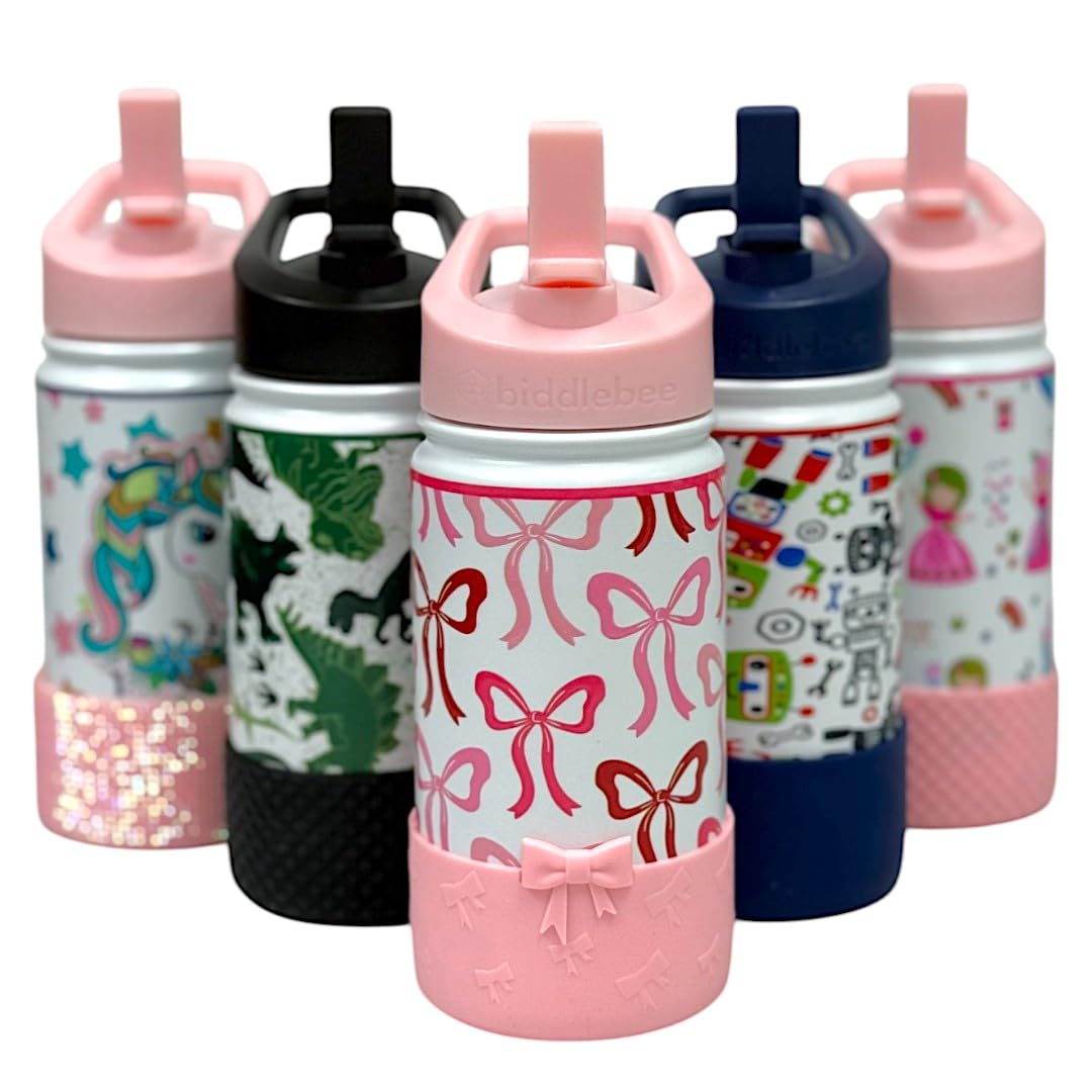 Biddlebee Kids Water Bottle With Straw Lid & Silicone Boot – 14Oz Insulated Stainless Steel Bottle