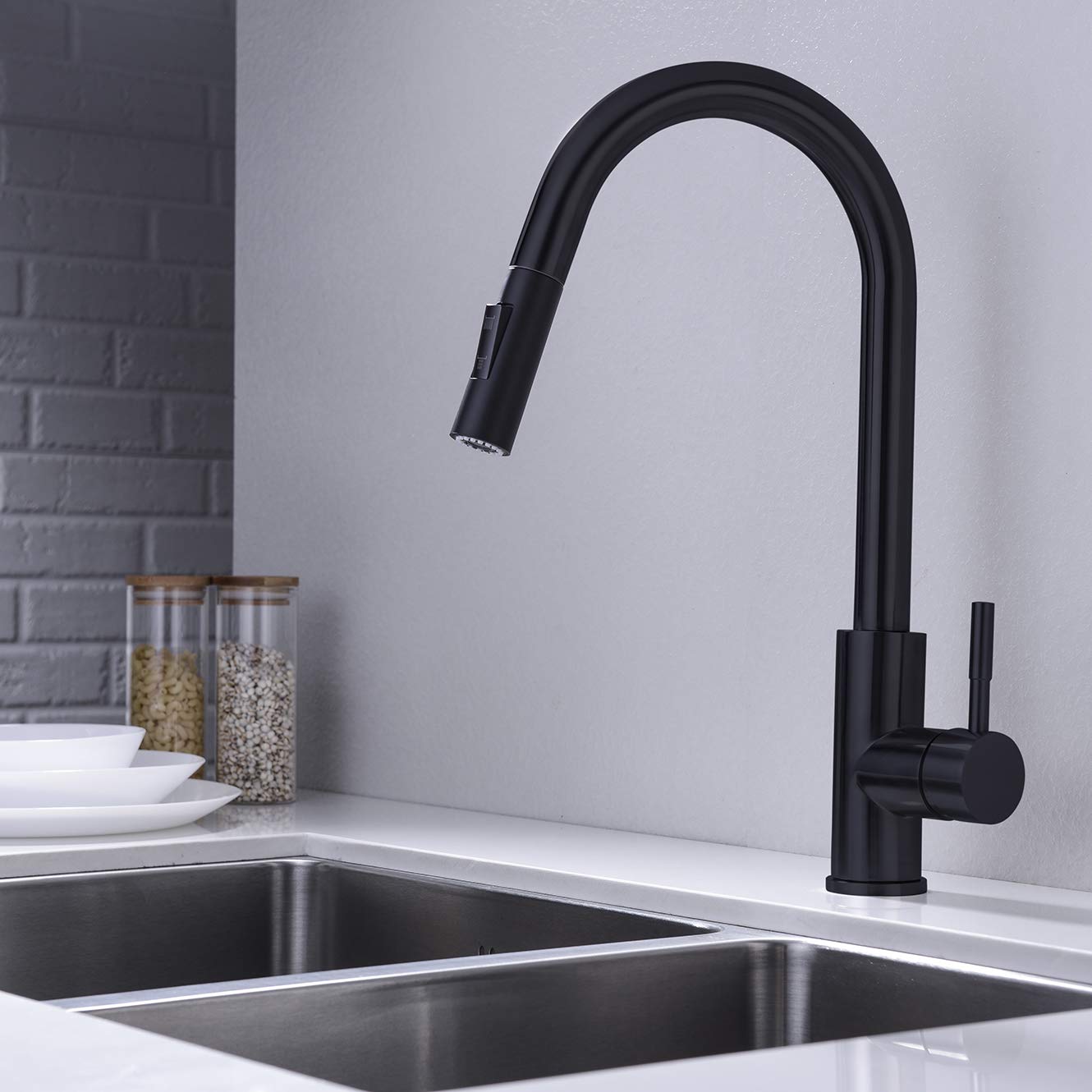 Gordee Pull Down Spray Head For Kitchen Faucet, Column Shape 2-Function Kitchen Bathroom Sink Faucet Replacement Head, 1.8 Gpm 0.8 Inch Connector(Male), General Us Standard, Matte Black