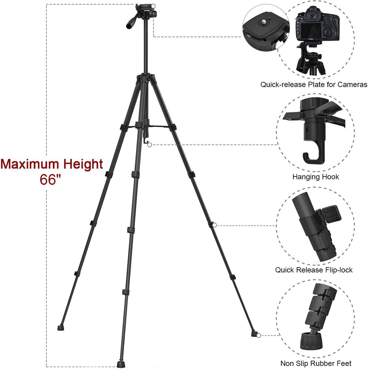 Endurax 66 Tripod For Camera And Phone Camera Tripod Stand With Quick Release Plate Compatible With Iphone Nikon Canon Dslr Heavy Duty And Sturdy