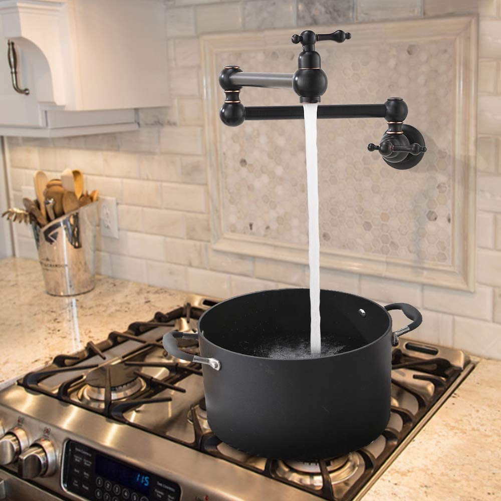 Vokim Pot Filler Faucet Wall Mount Oil Rubbed Bronze Kitchen Faucet,With Double Joint Swing Arms,Single Hole, 2 Handles Faucet