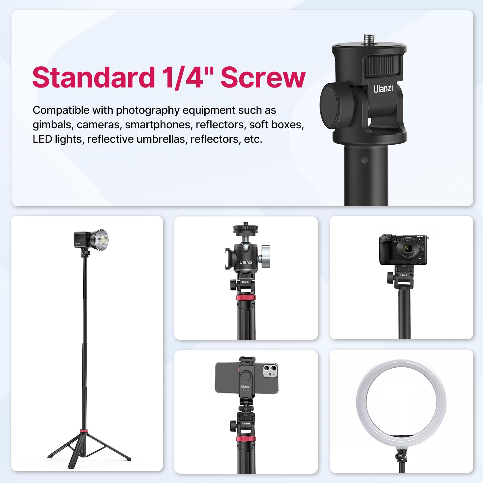 Vijim Mt-79 Extendable Photography Stand, 81" Portable Adjustable Light Tripod With 1/4" Screw, 360 Ball Head Camera Phone Tripod For Continute Output Lighting, Strobe, Webcams, Cameras