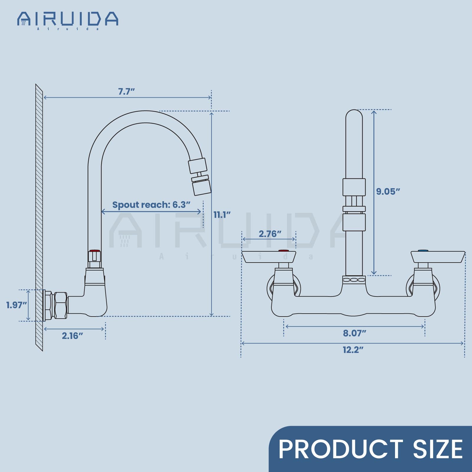 Airuida Wall Mount Kitchen Sink Faucet Wall Mounted Faucet 8 Inches Center Commercial Kink Tap 2 Handle Laundry Room Restaurant Compartment Sink Swivel Spout Without Adapters Chrome Polish