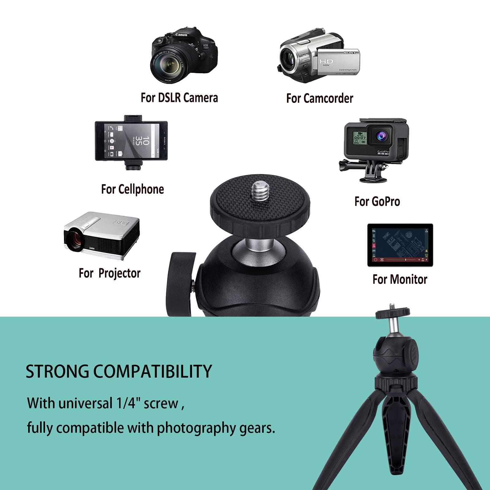 Ytvariw Mini Camera Tripod With Phone Holder & Gopro Mount,360° Ball Head Extendable Small Selfie Stick Tabletop Tripod Manfrotto Tripod For Dslr Camera,Gopro,Webcam,Iphone,Webcam Portable Cellphone Stand