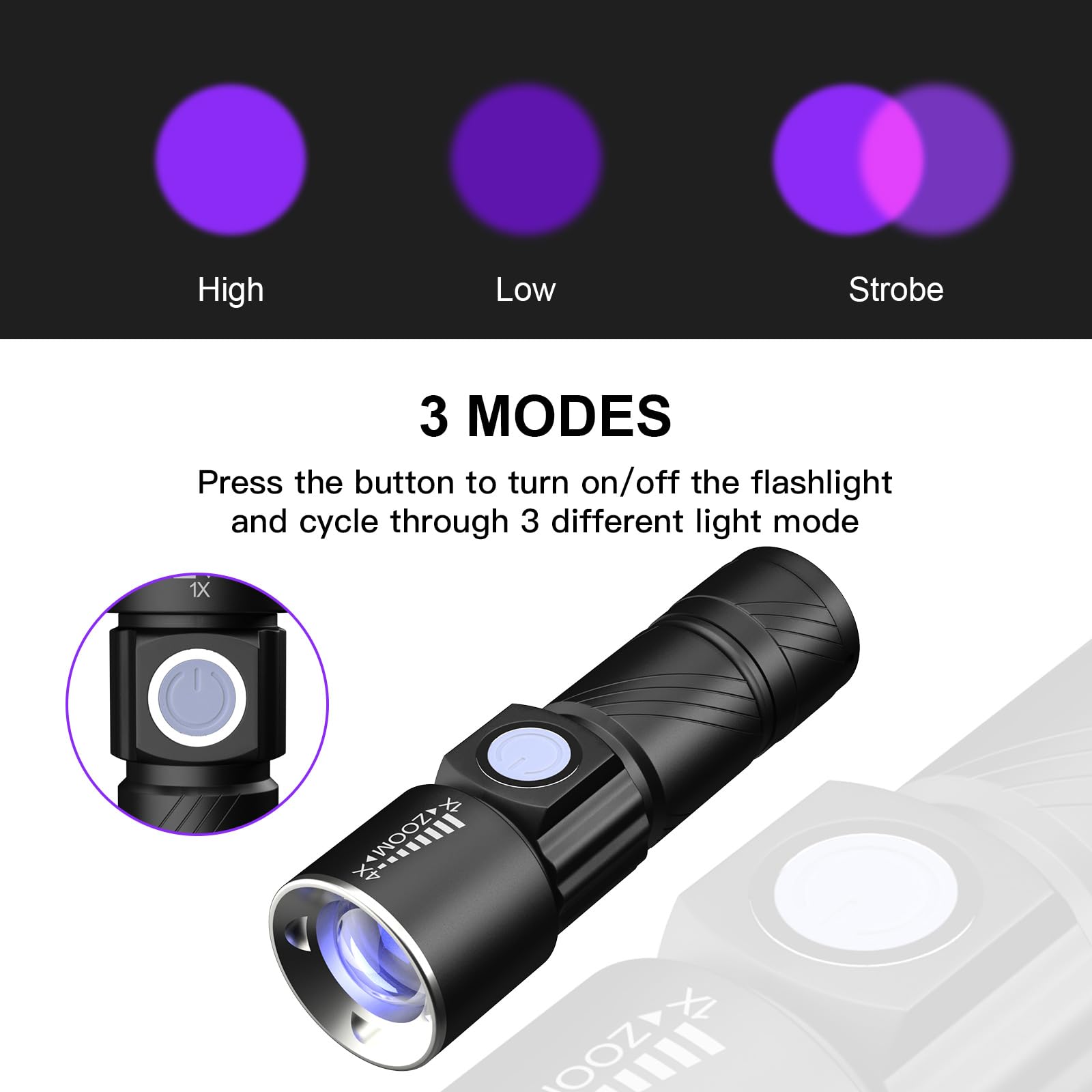 Cosoos Usb Rechargeable Black Light Flashlight, 395Nm Uv Flashlight With 3 Modes, Mini Handhled Pocket Zoomable Torch, Portable Detector For Dog Urine, Stains, Resin Curing, Scorpions