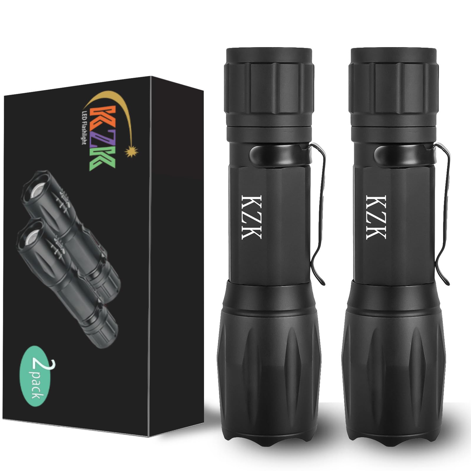 Kzk Led Flashlight, Bright 2500 Lumens Tactical Flashlight, 5 Modes Zoomable Beam, Waterproof & Durable For Camping, Outdoor, Home Emergency (2 Pack)