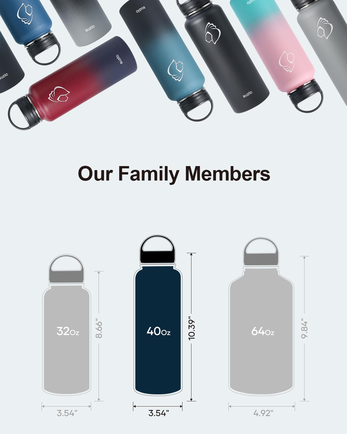 Buzio 40 Oz Water Bottle Insulated With Straw & 3 Lid And Carrying Pouch, Leak Proof Anti-Slip